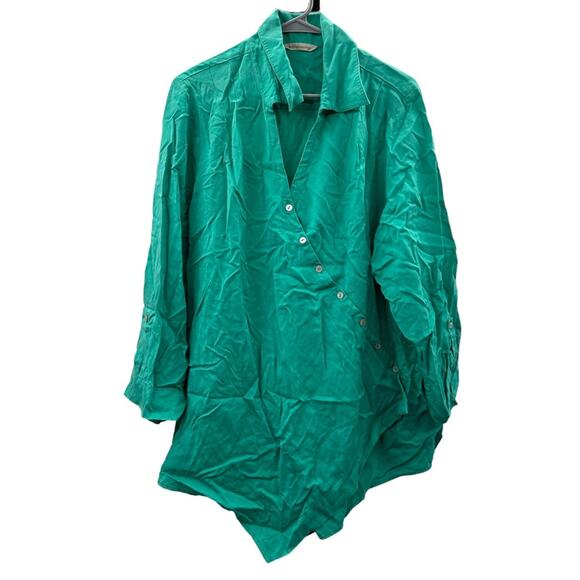 Soft Surroundings Washed Tencel Asymmetric Button Roll Tab Sleeve Tunic Top Sz L - Picture 2 of 9